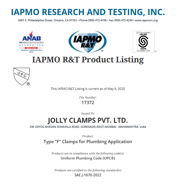 jolly clamps UPC Certification