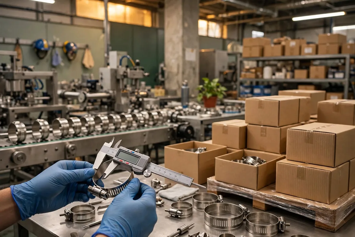 Quality inspector measuring a hose clip with a digital caliper at a clamp manufacturing plant in India