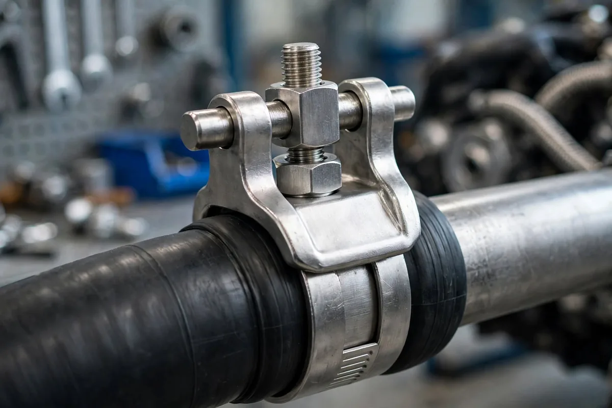 Heavy-duty T bolt hose clamp securing a black rubber hose to a metal pipe