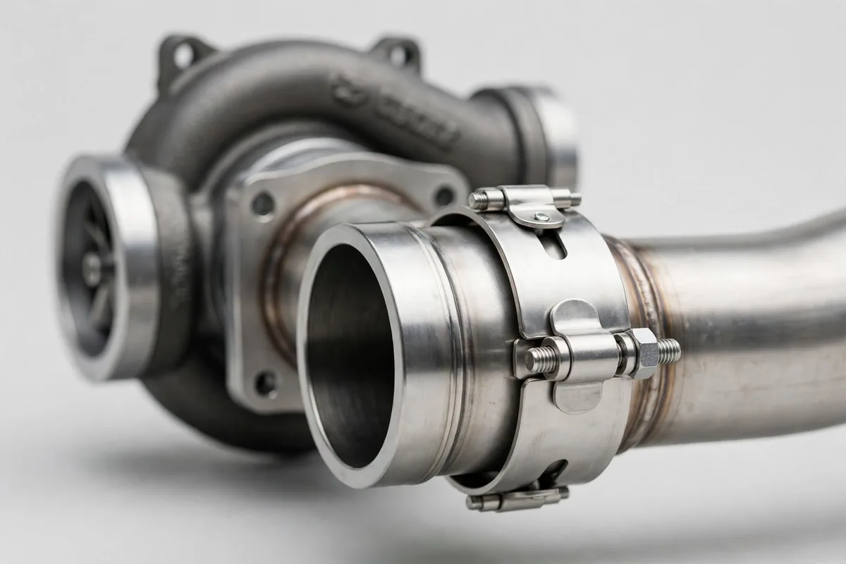 V band clamp joining a turbocharger outlet flange to a stainless steel exhaust pipe